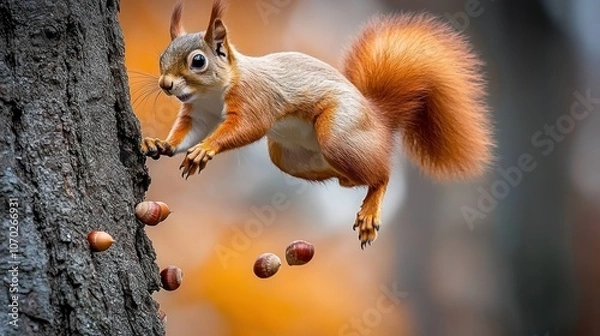 Fototapeta A red squirrel leaps from a tree trunk, with a scattering of nuts falling behind it.