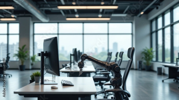 Fototapeta Modern office workspace featuring robot integration with a city view through large windows.