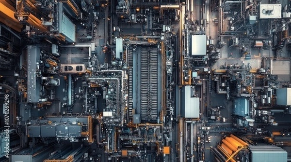 Fototapeta Aerial panorama of a car battery plant, with large machines and conveyor belts in the top section assembling internal components.