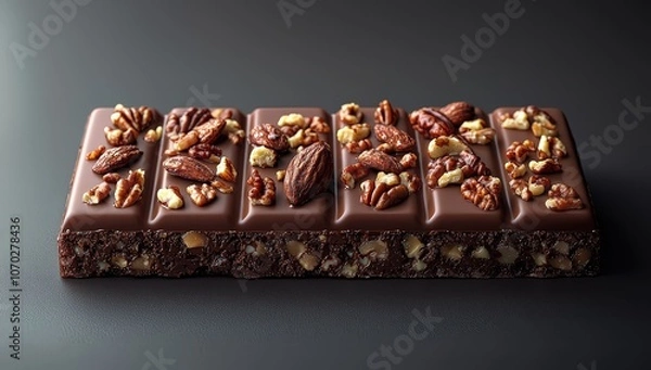 Fototapeta A realistic chocolate bar with a pattern of nuts on top, placed against an isolated gray background. 