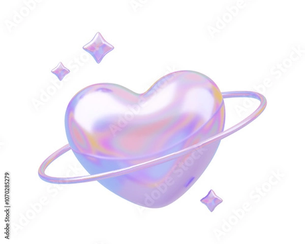 Fototapeta 3D holo planetary heart with rings and stars. Galaxy love planet, romantic futuristic shape with chrome elements. Shiny metallic love retro concept. Vector illustration on white background