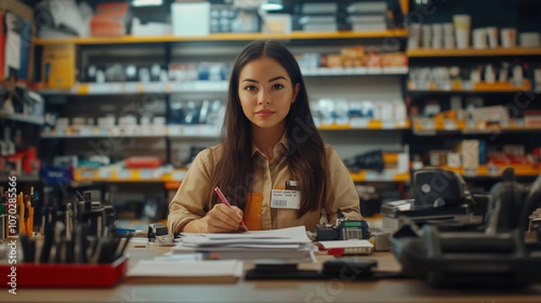 Fototapeta Portrait young latin woman behind counter working, taking notes in small auto parts store