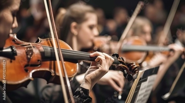 Fototapeta A close-up of violinists in a symphony orchestra, fingers expertly dancing on strings, capturing the passion and harmony of a live performance.
