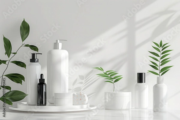 Fototapeta A white tray with a variety of white bottles and a leafy green plant
