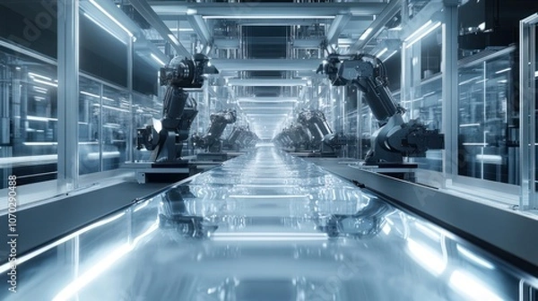 Fototapeta Panoramic view of an advanced stainless steel manufacturing line, with robotic machinery above crafting components