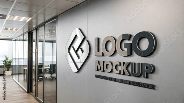 Obraz logo mockup with 3D glossy metal on an office wall.