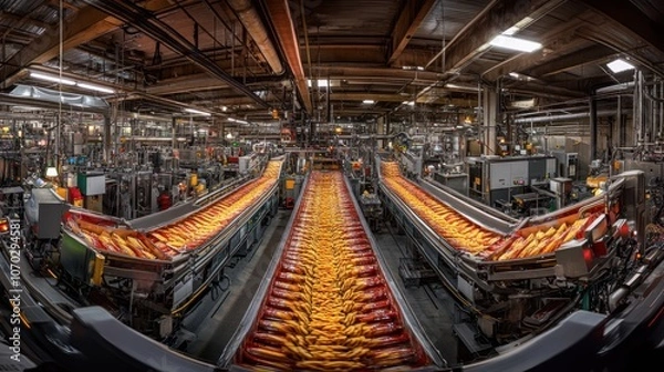 Fototapeta Wide-angle panoramic view of a snack production plant, where machines at the top process and season potato chips