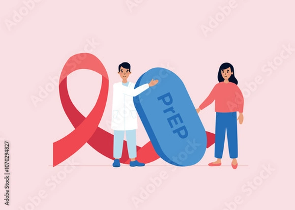 Obraz Doctor is holding PrEP pill near red ribbon. Oral treatment prescription against HIV. Vector illustration in flat style.
