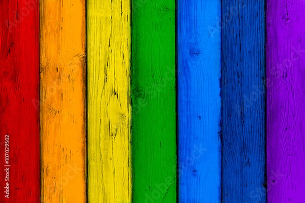 Fototapeta Natural wooden rainbow colored boards. Painted wooden multicolored vertical planks. Abstract textured many-colored background, empty template. Red, orange, yellow, green, blue, violet planks of wood