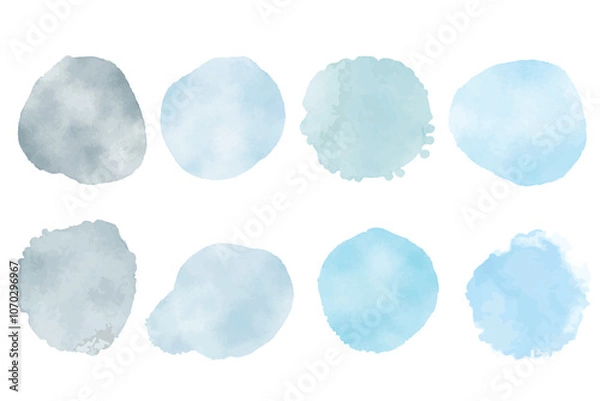 Fototapeta Set of blue watercolor hand painted round shapes, stains, circles, blobs isolated on white. Elements for artistic design