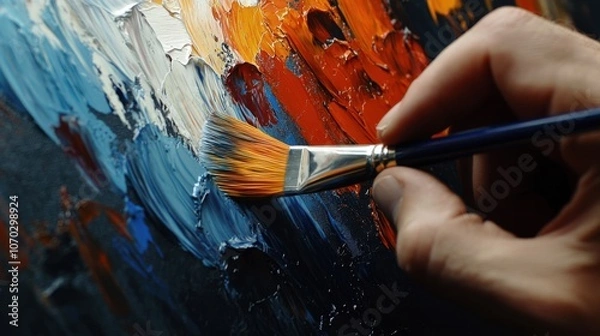 Fototapeta Vibrant colors blend on canvas as an artist skillfully applies paint using a brush during a creative session in a studio