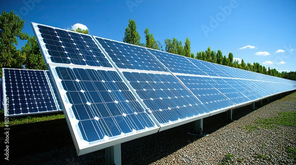 Fototapeta Solar Panels Installed in a Sunny Field Harnessing Renewable Energy in a Sustainable Environment