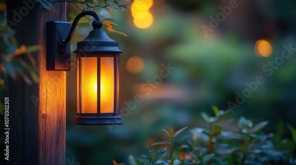 Fototapeta Elegant lantern casts warm glow in serene outdoor garden setting during twilight hours