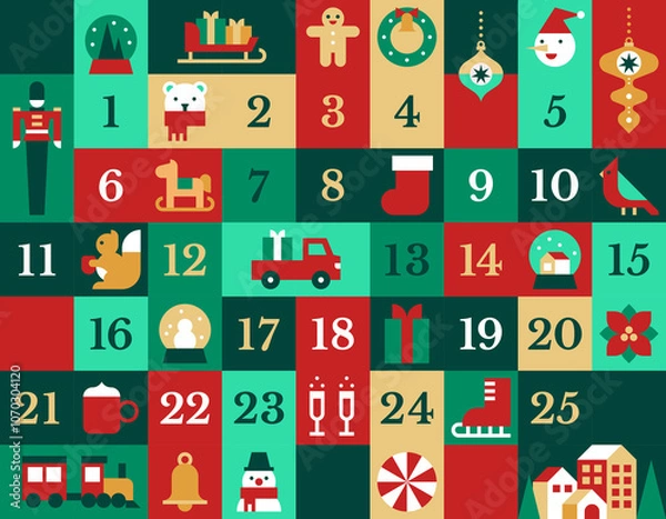 Fototapeta Advent calendar vector illustration. Printable advent calendar or Christmas poster