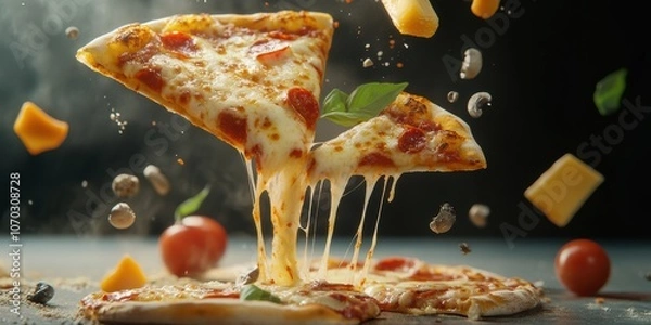 Fototapeta Delicious slice of pepperoni pizza with melted cheese and fresh ingredients flying in the air, creating a mouthwatering culinary display in a dimly lit setting