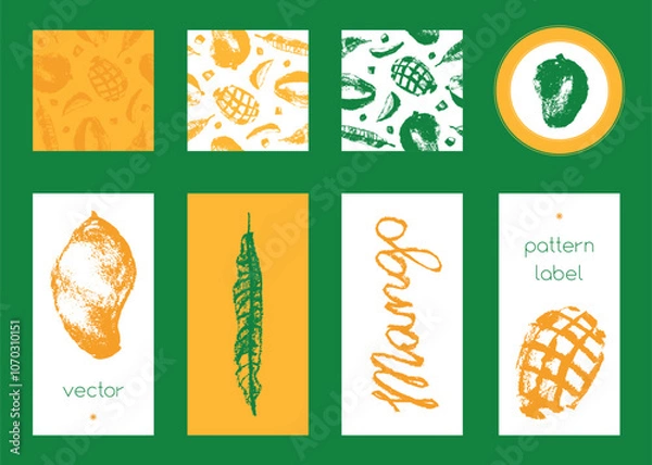 Fototapeta Mangoes seamless pattern. Vector hand drawn mango drawings for summer banner background - abstract tropical fruits - exotic fruit label, poster, header, cover, social media, cosmetic packaging design