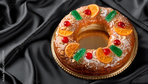Fototapeta Background of a Roscón de Reyes with candied fruits on finely draped black silk fabric, and copy space for text. A typical Spanish dessert for Three Kings Day or Epiphany
