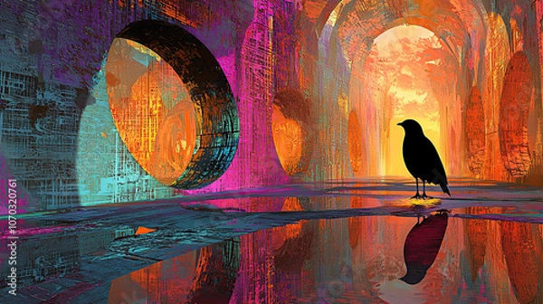 Obraz art, animal, water, design, fish, illustration, painting, pattern, sea, nature, color, flower, colorful, paint, in a dreamscape the surface reflects the early mor, untry, generative ai, landscape, arc