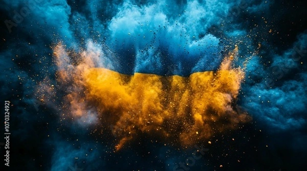 Fototapeta Blue and yellow color powder explosion representing the colors of the Ukrainian flag , Ukraine, flag, colors, blue