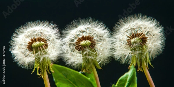 Fototapeta Three dandelions are shown in a close up