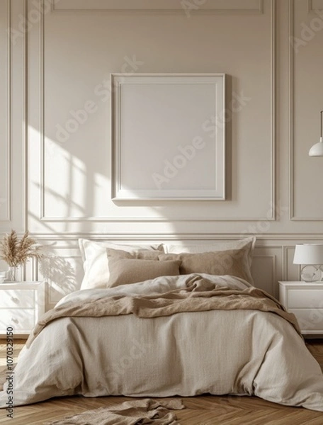 Obraz A bed with a white frame and a white bedspread