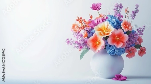 Fototapeta A beautiful ceramic vase overflowing with a colorful assortment of flowers is positioned on a clean white background.