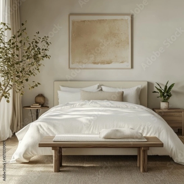 Obraz A white bed with a white pillow and a white blanket