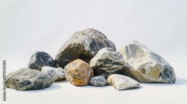 Obraz A mix of small and large rocks is placed on a white background, their textures and colors subtly standing out against the clean backdrop