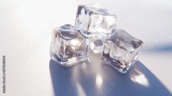 Fototapeta A small cluster of ice cubes, pristine and clear, lies on a white background.