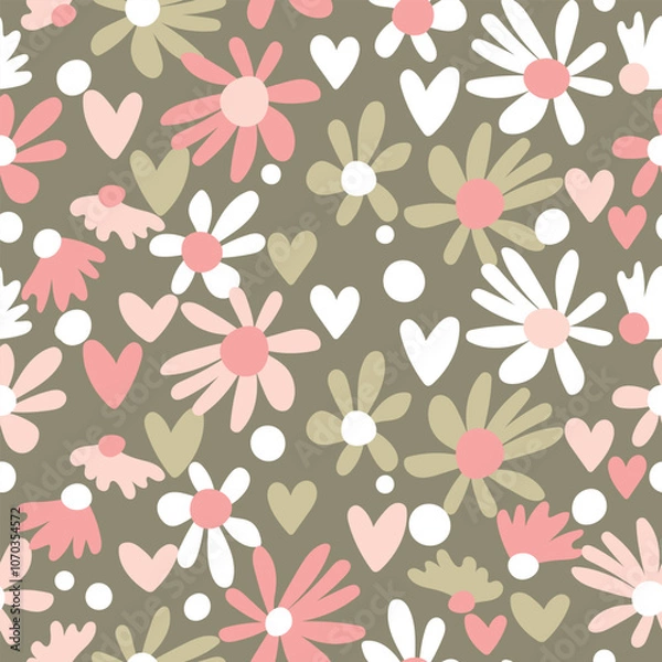 Fototapeta Seamless floral pattern based on traditional folk art ornaments. Colorful flowers on color background. Scandinavian style. Sweden nordic style. Vector illustration. Simple minimalistic pattern