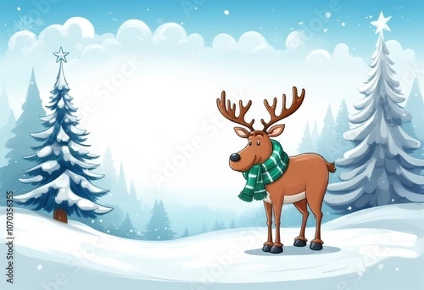 Fototapeta Ein freundliches Rentier steht im verschneiten Winterwald, umgeben von Tannen und sanft fallendem Schnee – mit viel Textfreiraum für persönliche Weihnachtsgrüße. Generative KI.
