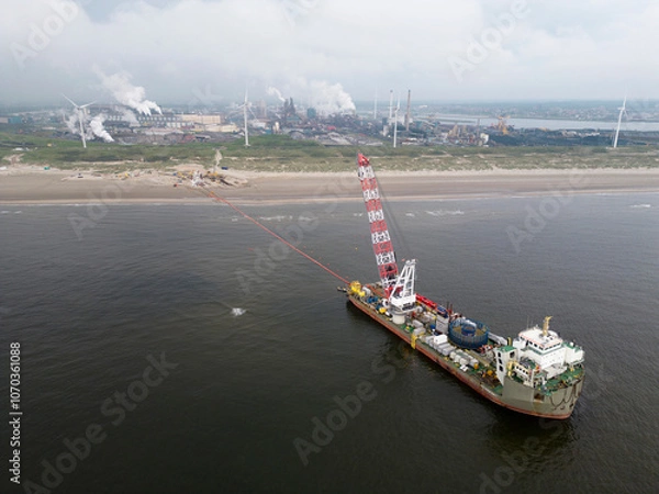 Fototapeta A vessel unrolls a seacable from an offshore windpark to an onshore power hub in Wijk aan Zee, the Netherlands. The wind farms are via cables or pipes to coastal area