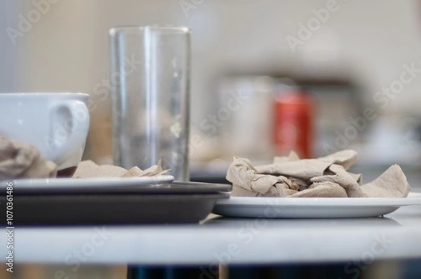Fototapeta Abandoned cafe tables with used cups