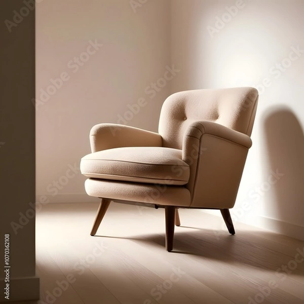 Fototapeta Retro Armchair in a Simple Corner: A single retro armchair with wooden legs and upholstered in a warm, neutral fabric, placed in a quiet corner of a minimalist room.
