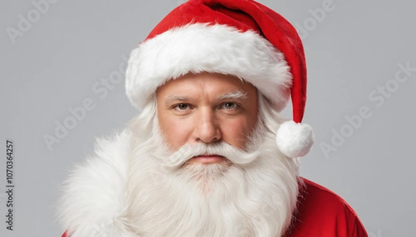 Obraz Man wearing Santa Claus costume with red hat and white beard on grey background. Studio portrait. Christmas holiday concept. Design for greeting card, invitation, poster, banner, and print.
