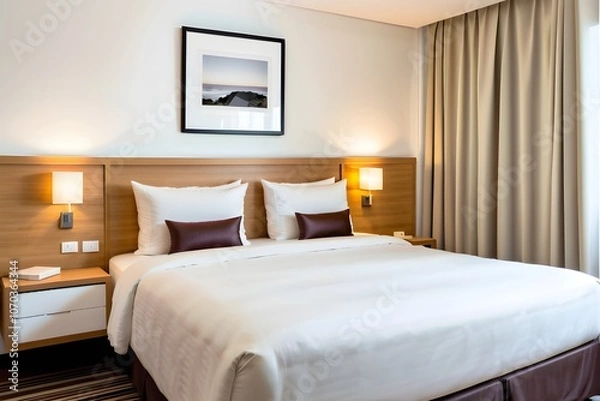 Obraz Affordable hotel room interior design with a white clean double bed. Value or Cheap hotel room concept.