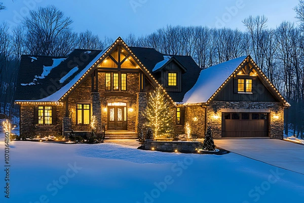 Obraz A beautiful house decorated with Christmas lights, with white walls and a roof covered in snow, surrounded by trees and shrubs. The scene is illuminated by the warm light of festive decorations on its