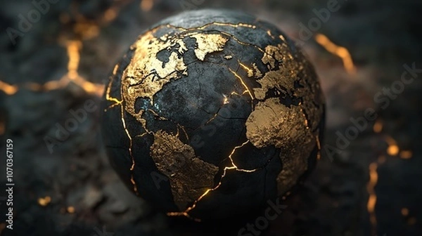 Fototapeta A Cracked Earth Globe Illuminated by Glowing Gold Fissures Representing Fragility, Resilience, and the Global Environmental Crisis.