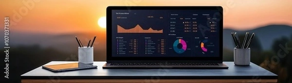 Obraz A modern laptop displaying analytical data against a sunset backdrop, symbolizing productivity and innovation in the business world.