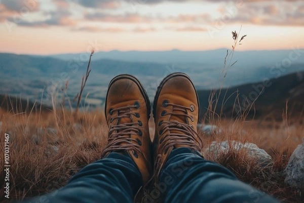 Fototapeta A pair of worn hiking boots rest on a mountain trail, overlooking a distant panoramic landscape under a soft, pastel sky.