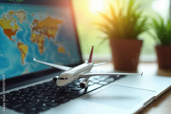 Fototapeta A detailed model airplane on a laptop, blending elements of technology and travel, with a blurred map to the laptop screen, creating a warm and inviting atmosphere.