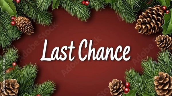 Obraz Last Chance Christmas Sale Banner Concept. A festive design featuring pine branches and cones, highlighting "Last Chance" for holiday shopping or promotions