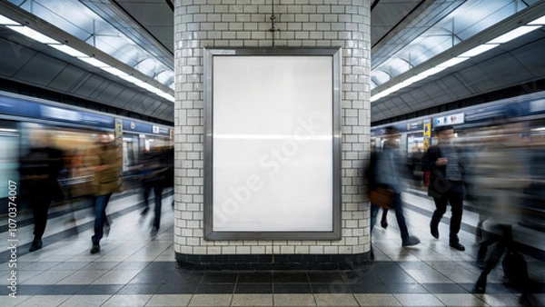 Fototapeta A group of people are walking through a subway station with a large white sign in the middle. The sign is blank, but the people are busy and bustling, creating a sense of movement and energy