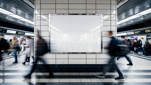 Fototapeta A group of people are walking through a subway station with a large white sign in the middle. The sign is blank, but the people are busy and bustling, creating a sense of movement and energy