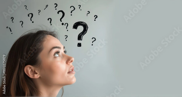 Fototapeta A woman's face is depicted in a light grey background, with curious expressions with hand drawn question marks upon her head.