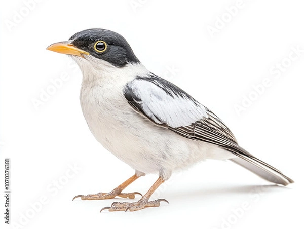Obraz Myna bird with striking black and white feathers, perched gracefully. This elegant bird showcases vibrant orange beak and captivating eyes, making it beautiful subject for nature photography