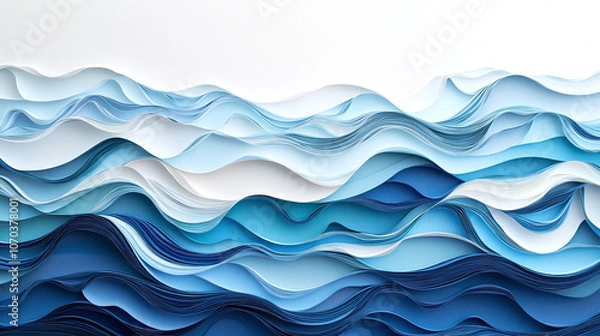 Fototapeta A scene of ocean waves crafted from layered paper cuts, featuring intricate textures and shades of blue and white, mimicking the flow of real water.
