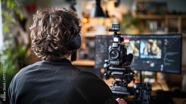 Fototapeta Male Content Creator in Modern Streaming Studio Adjusting Camera and Lighting Setup with Natural and Soft Light for Professional Live Streaming, Captured from Behind for Realistic Detail