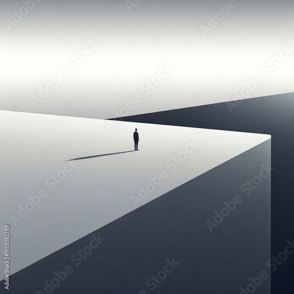Obraz A striking minimalist illustration with a surreal approach, featuring a solitary figure in a flat, 1D world. The figure, represented by a simple black line, stands in an empty space