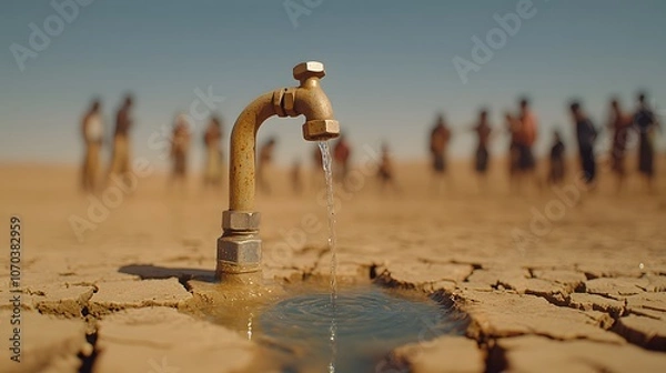 Fototapeta Vast Arid Desert with Water Dropping from a Tap – A Symbolic Representation of Water Scarcity and Environmental Concerns